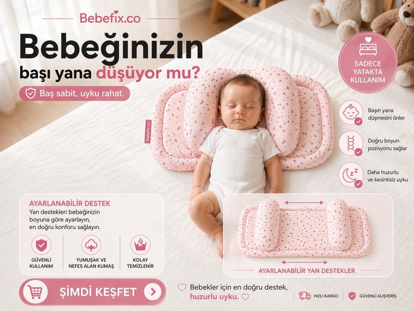 Ayarlanabilir Yan Destekli Bebek Baş & Boyun Destek Yastığı